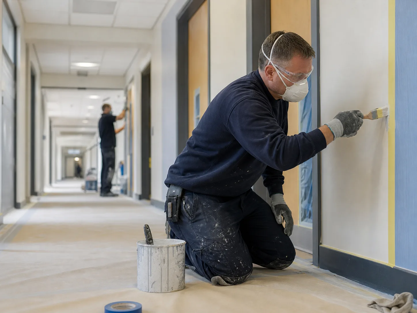 Decorator carefully finishing a commercial corridor
