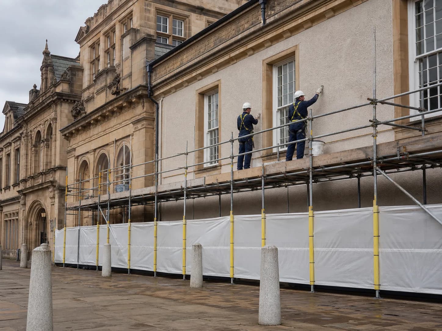 Decorators working safely from scaffold on a commercial building