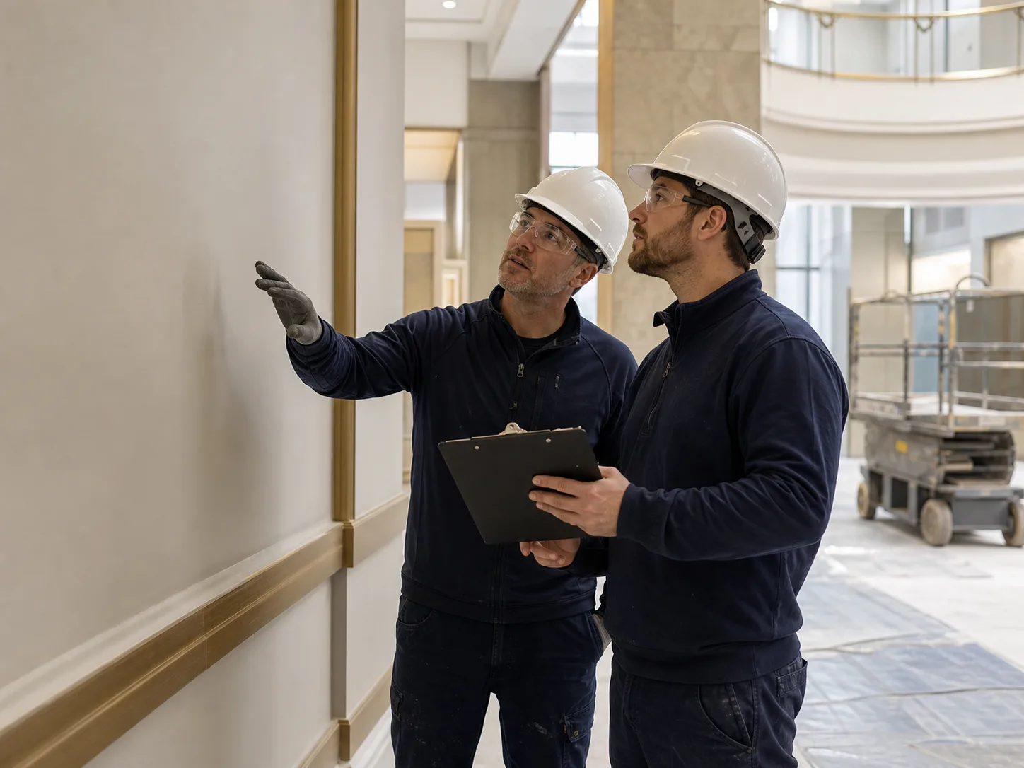 Contractors reviewing finish quality in a commercial interior