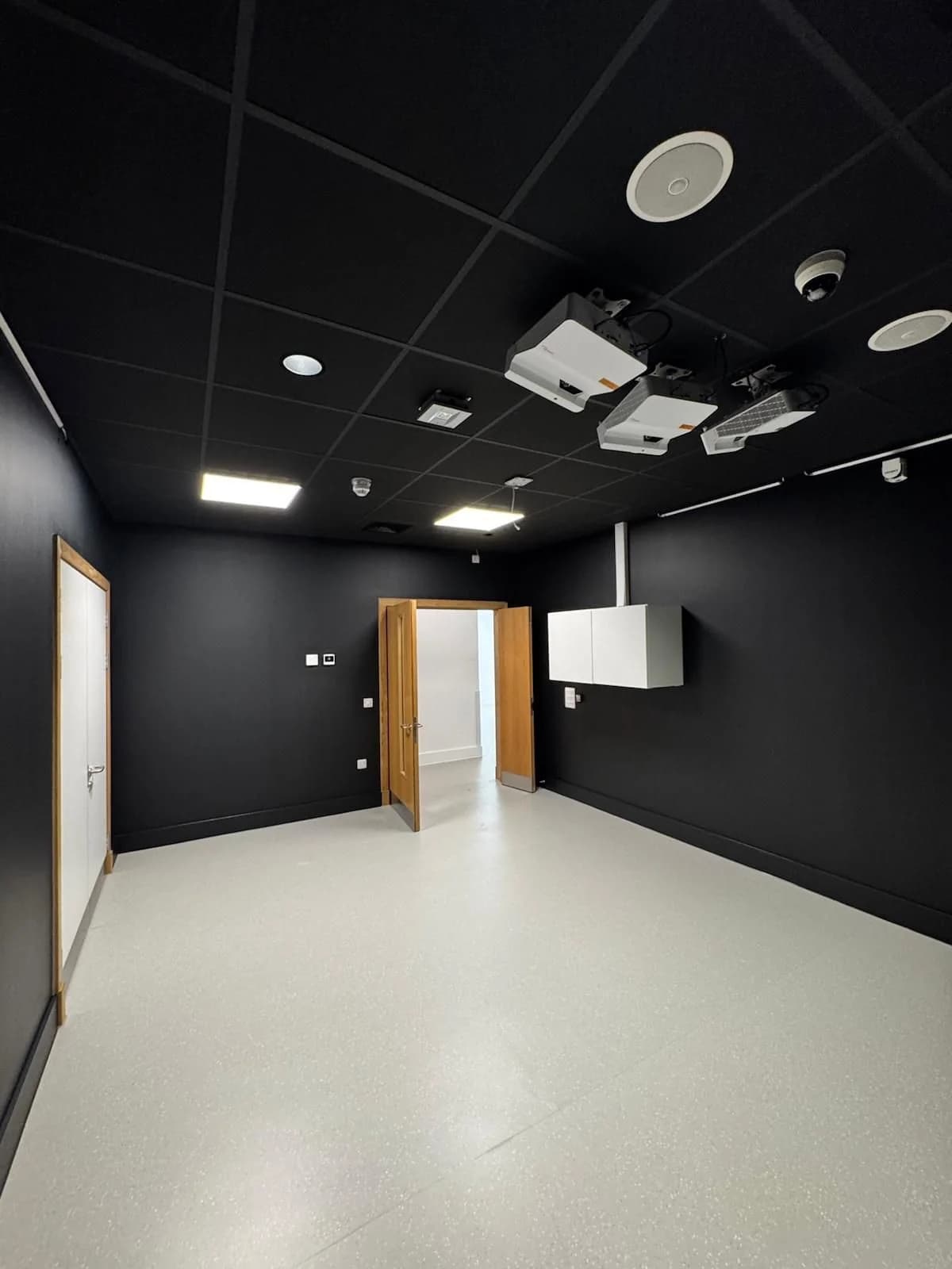 Specialist room with dark painted walls and ceiling